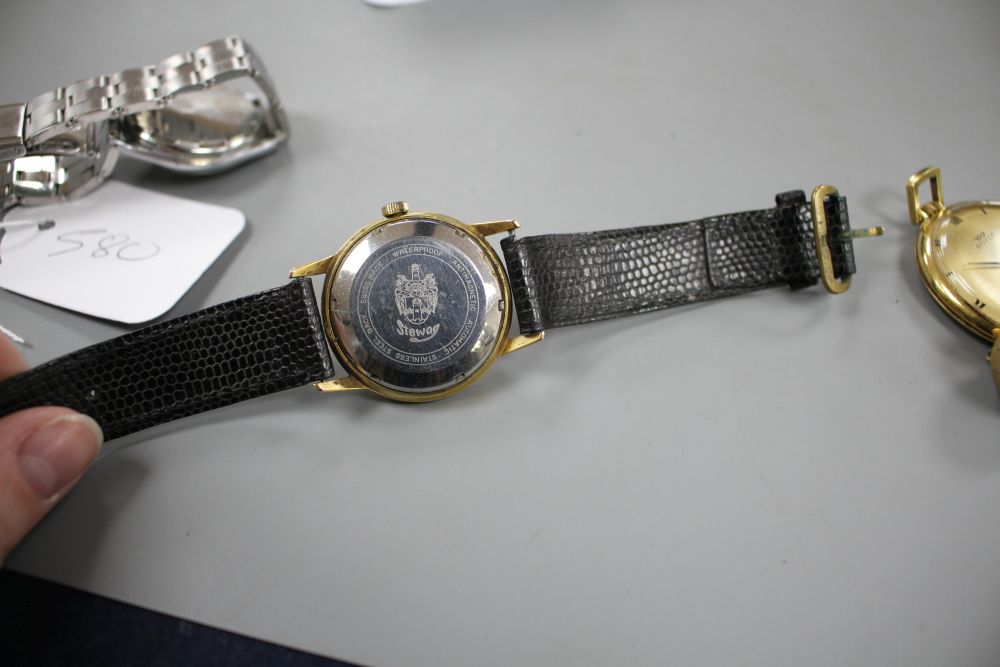 Three assorted gentlemans wrist watches including steel Kingston and Phenix, a steel and gold plated Prefis and 3 others.